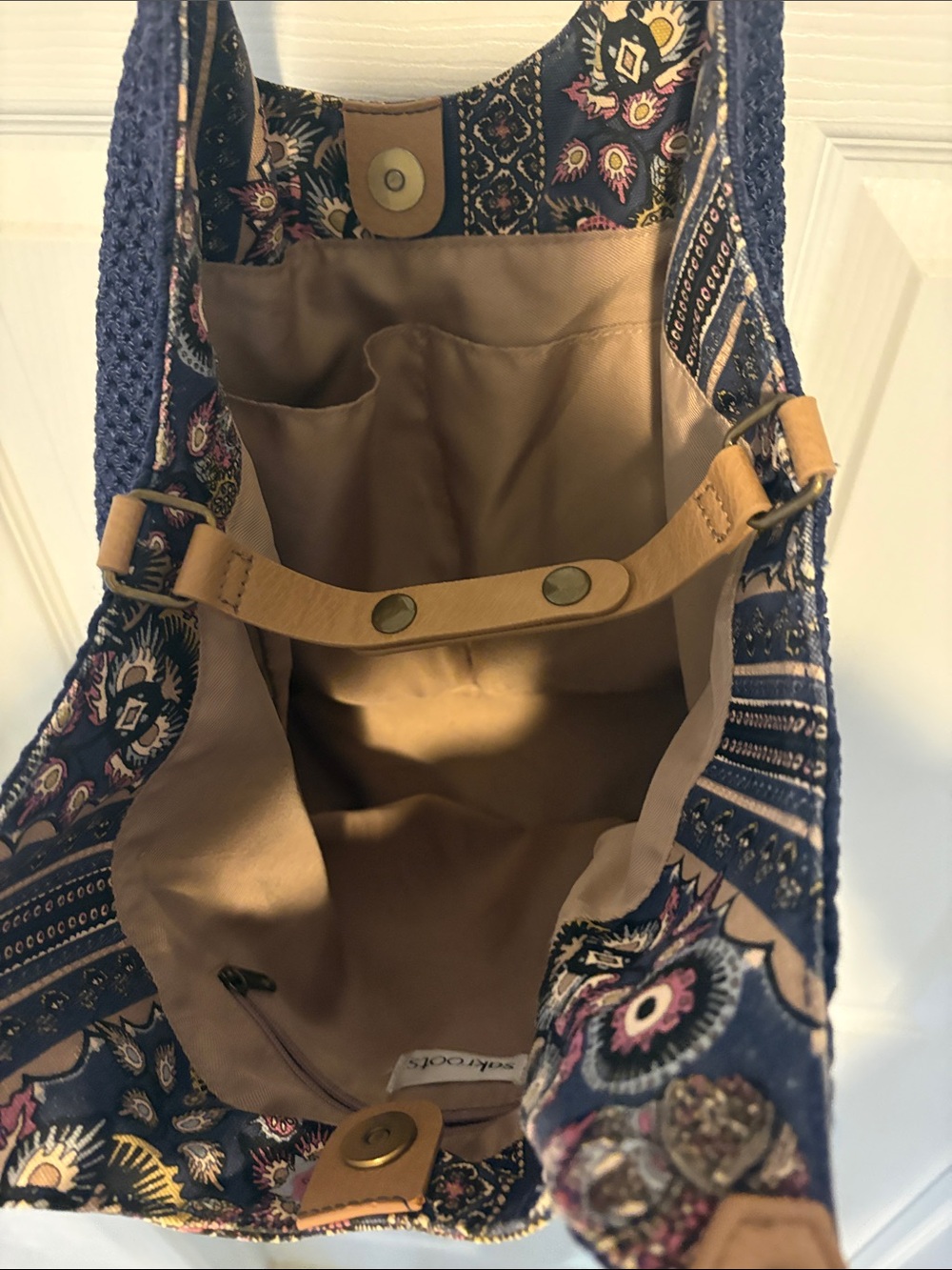 Sakroots Navy Floral Crochet-Trim Tote with Tan Straps - Picture 4 of 4